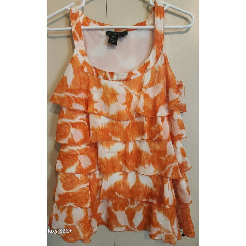F21 Ninety ruffly orange and white floral blouse sleeveless tank w/straps